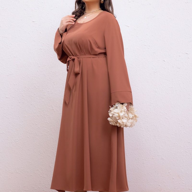 Middle East Plus Size Loose Retro Lace-Up Dress for Office - Image 2