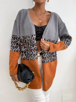 Leopard Print Contrast Color Long Sleeve Cardigan Sweater