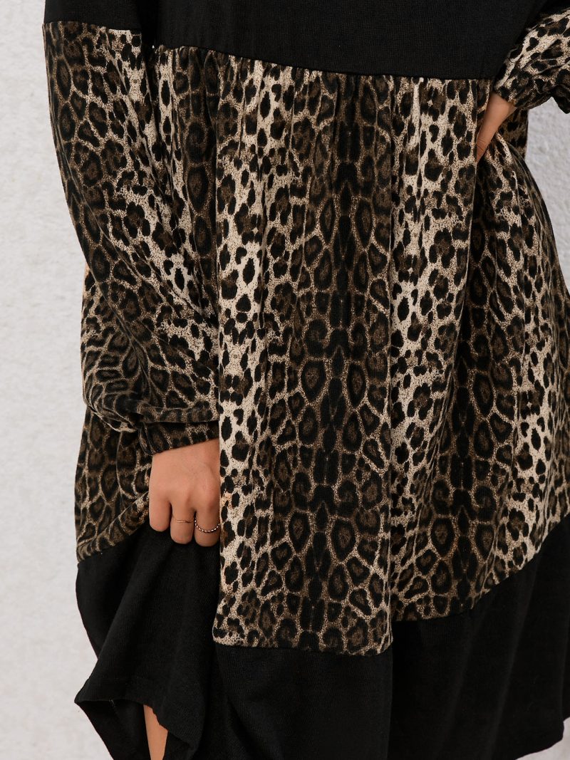 Leopard Splicing Long Sleeve Women's Dress - Image 3