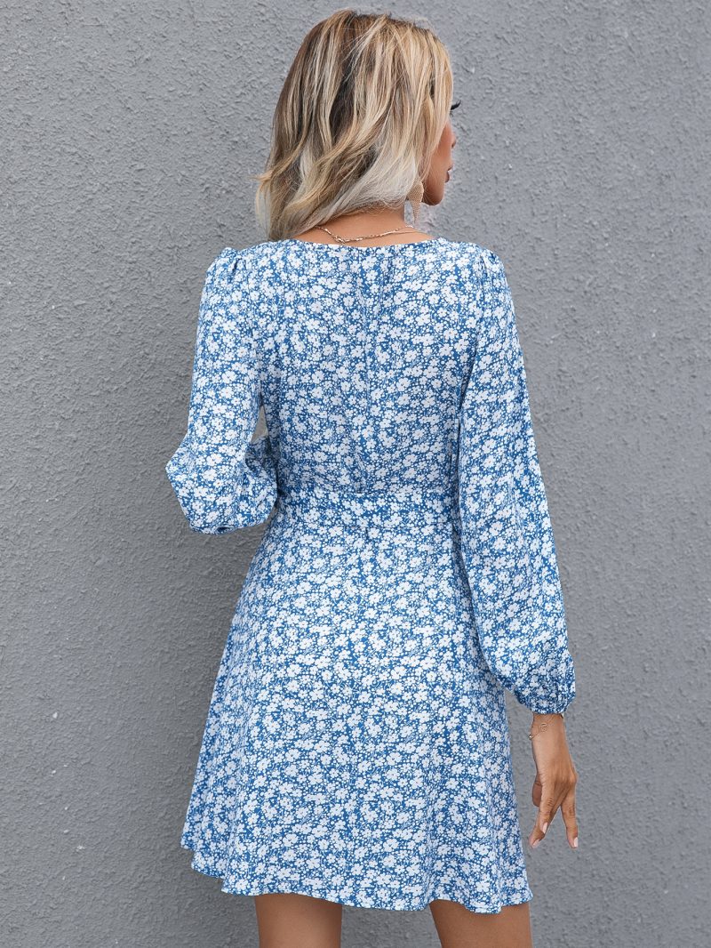 Fresh Sweet Floral Printed Lace-Up V-Neck Pullover Long Sleeve Dress - Image 4