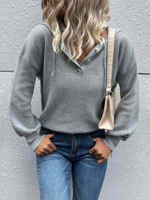 Solid Color Long Sleeve Hooded Knitted Sweater for Autumn/Winter