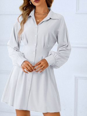 Spring Summer Casual Lantern Long Sleeve Waist Trimming Shirt Dress