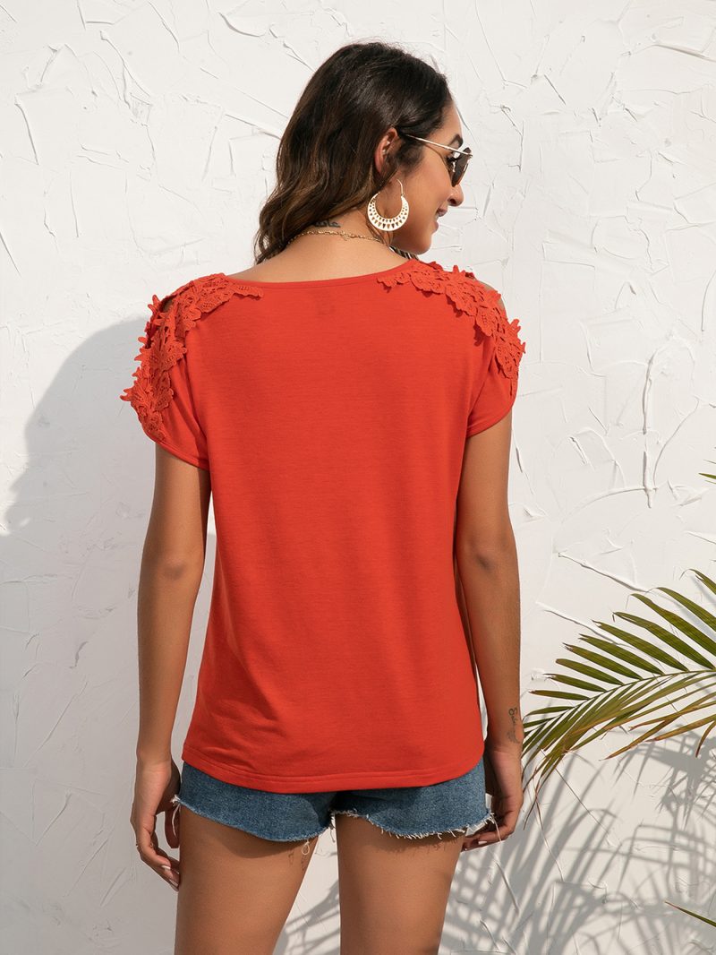 Casual Lace V-Neck Patchwork Pullover Short-Sleeved T-Shirt - Image 2