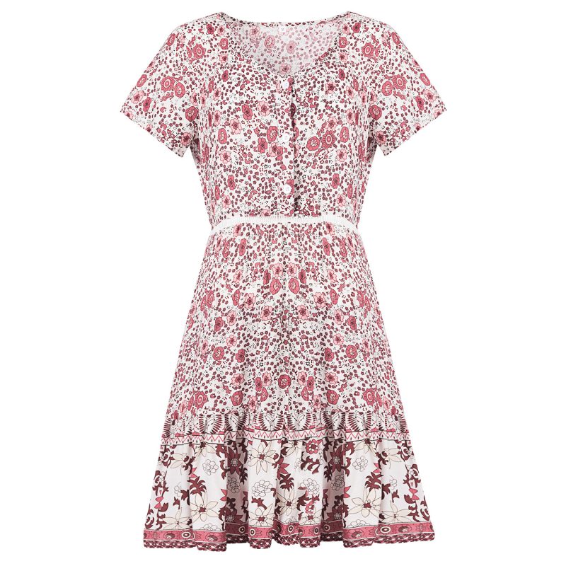 Spring Bohemian Floral Print Swing Dress with V-Neck Short Sleeves - Image 5