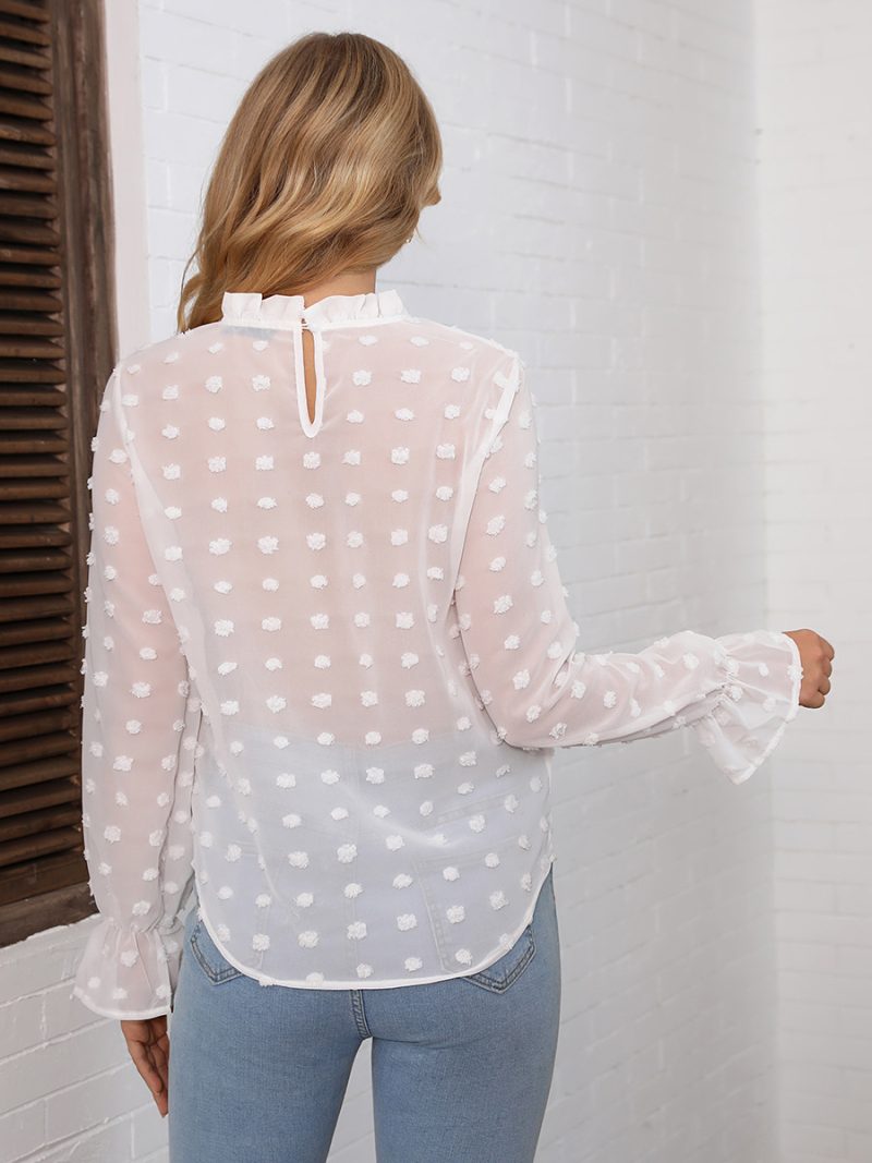 White Polka Dot Mesh Flared Top - Image 4