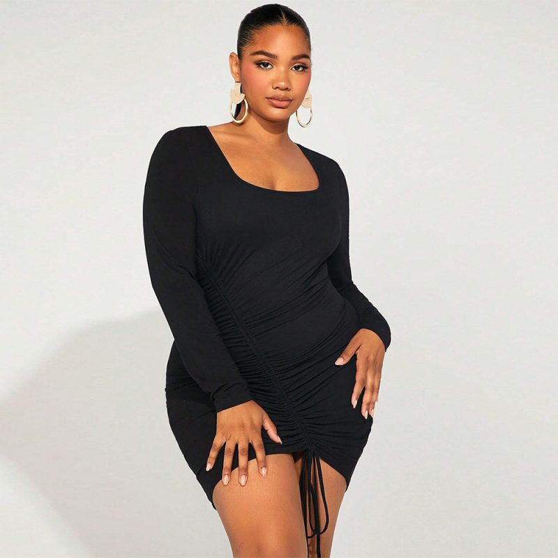 Fall/Winter Plus Size Slim Fit Sheath Square Collar Long Sleeve Dress - Image 3