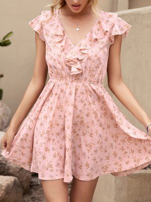 Spring/Summer Floral Print Ruffle V-Neck Short Sleeve Dress for Women