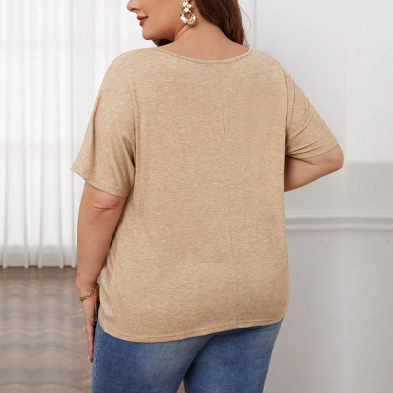 Plus Size Loose Casual V Neck Short Sleeve Knitted T-Shirt - Image 2