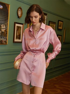 Silk Acetate French Slim Shirt Dress