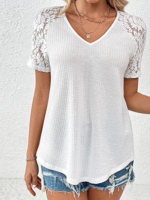 Hollow Out Cutout Lace V-Neck Loose T-Shirt