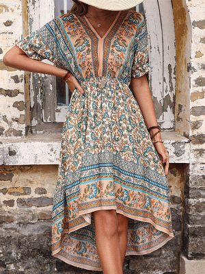 Summer Retro Asymmetric Irregular Mid-Length Holiday Dress with Printing