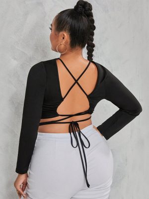 Plus Size Sexy Lace-Up Backless Short-Sleeved T-shirt Autumn Winter Coat