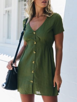 Spring Sexy V-Neck Button-Up Solid Color Dress