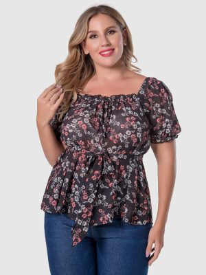 Plus Size Ruffles Printed Office Top