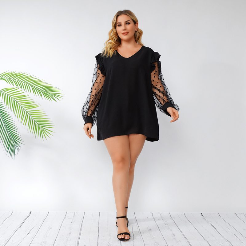 Plus Size V-neck Mesh Polka Dot Top - Image 5
