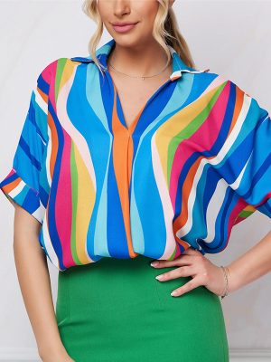 Striped Printed Short-Sleeved Pullover Loose Shirt for Women