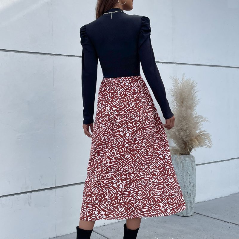 Patchwork Puff Sleeve Long Sleeve Dress for Women - Image 4