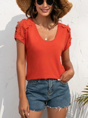 Casual Lace V-Neck Patchwork Pullover Short-Sleeved T-Shirt