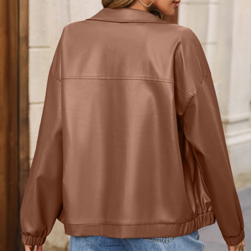 Solid Color Faux Leather Moto Jacket - Image 4