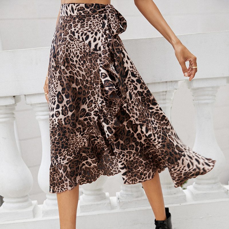 Ruffled Irregular Asymmetric Leopard Print Lace-Up Midi Skirt for Women - Image 2