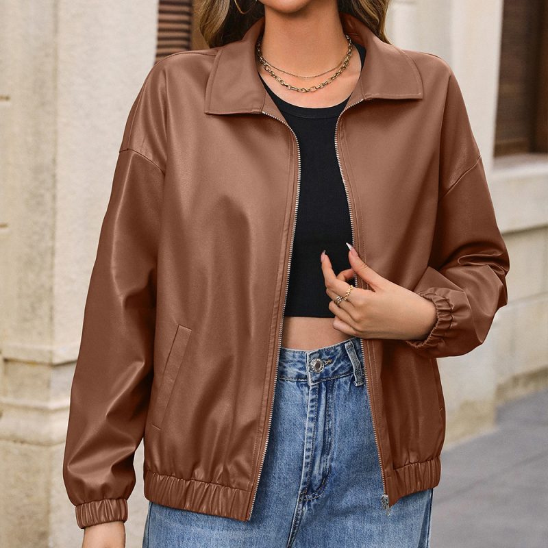 Solid Color Faux Leather Moto Jacket - Image 2