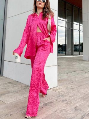 Women’s Spring Autumn Long Sleeve Shirt and Loose Trousers Two-Piece Set