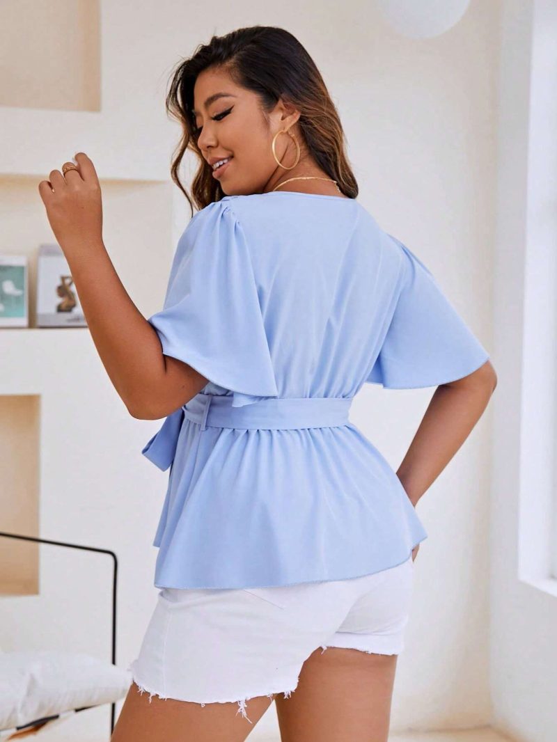 Plus Size Ruffled V-Neck Batwing Top - Image 2