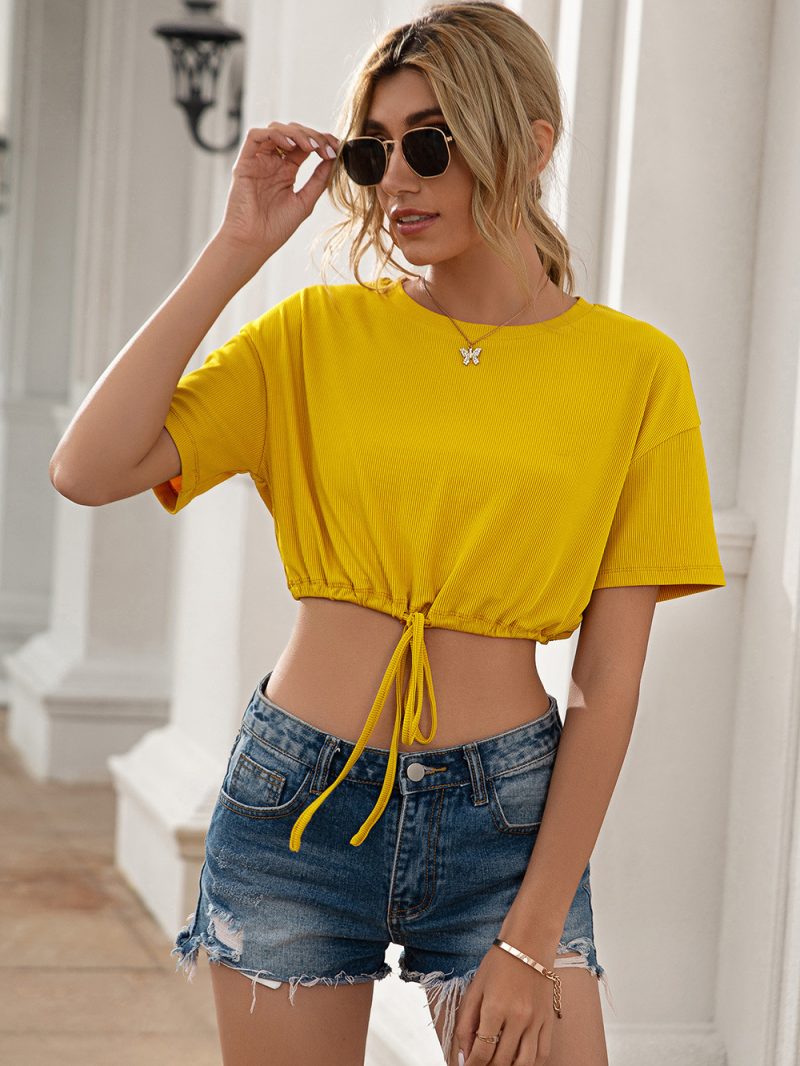 Spring/Summer Cropped Lace-Up Crew Neck T-shirt - Image 4