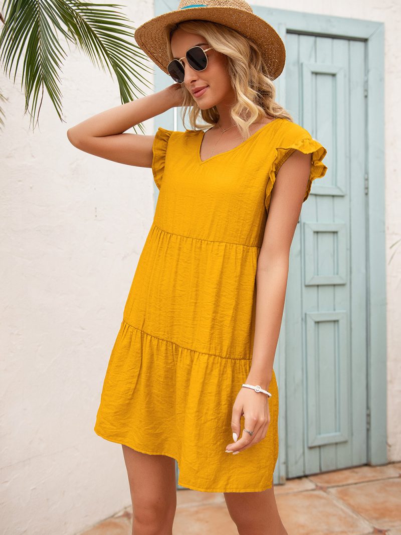 Summer Loose V-Neck Wooden Ear Sleeve Dress for Women - Image 3