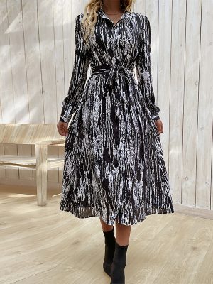 Chic Spring Style: Long Sleeve Collared Printing Dress