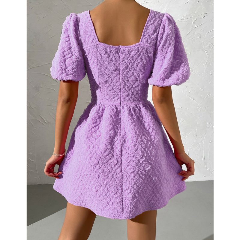 Solid Color V-neck Puff Sleeve Dress - Image 2