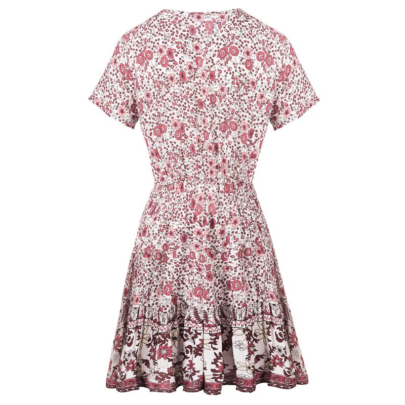 Spring Bohemian Floral Print Swing Dress with V-Neck Short Sleeves - Image 6