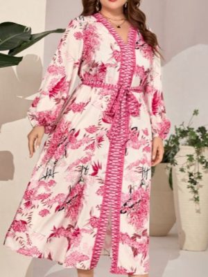 Floral Lace-Up Plus Size Dress for Women with Stitching Detail