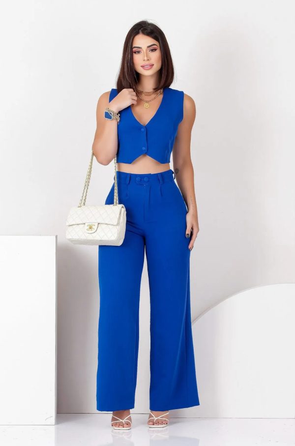 Solid Color Sleeveless Cropped Top and Loose Trousers Set - Image 2