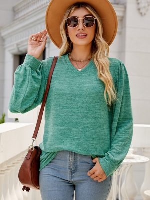 Effortless Chic: Casual Puff Sleeve V-Neck Long Sleeve Top”