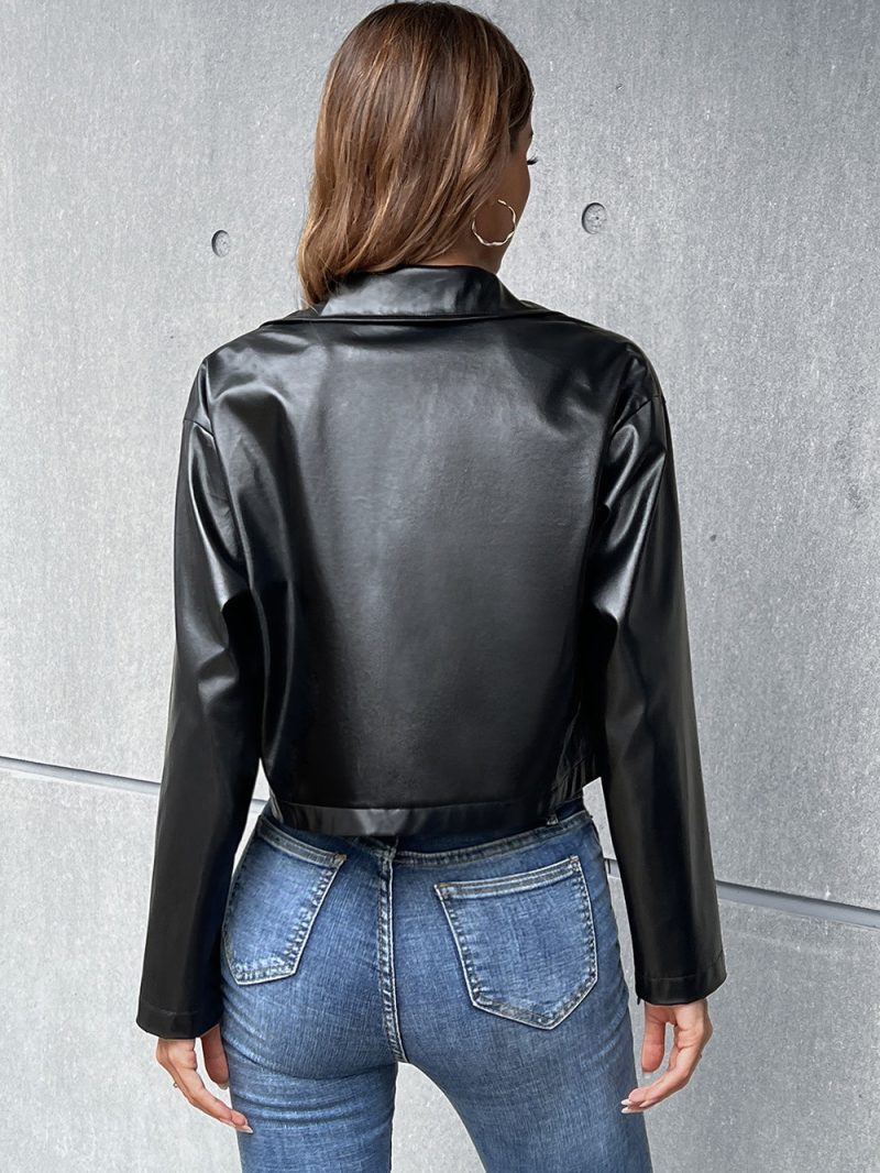 Women's Casual Long Sleeve Faux Leather Motorcycle Jacket Coat - Image 3