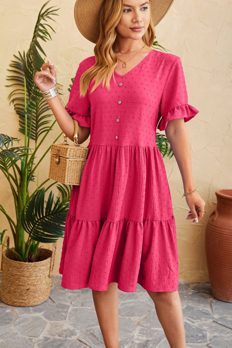 V-Neck Jacquard Pleated Dress: Stylish Spring/Summer Fashion - Image 2
