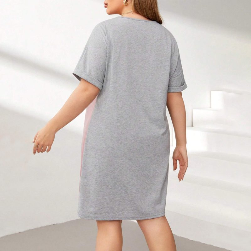 Plus Size Round Neck Contrast Color Casual Dress - Image 2
