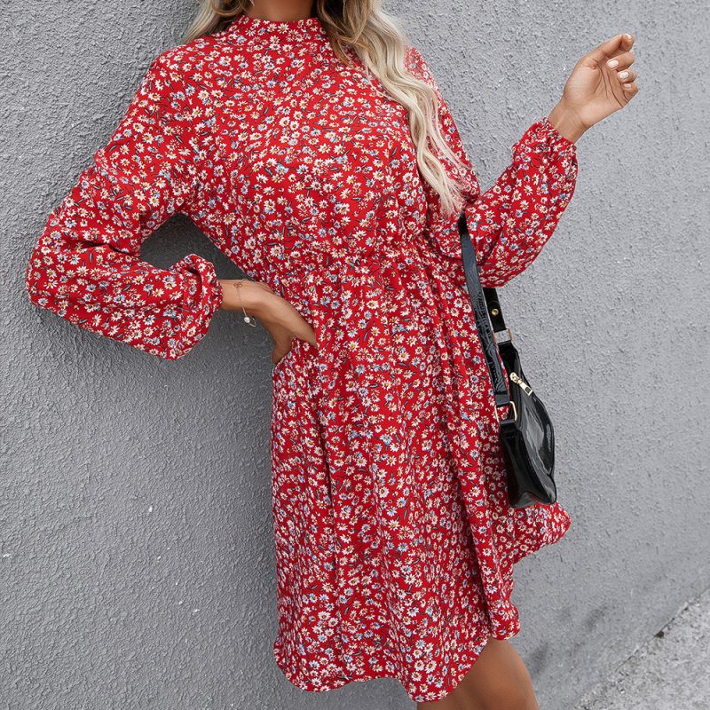 Floral Printed Long Sleeve High Round Neck Pullover Dress for Women - Image 2