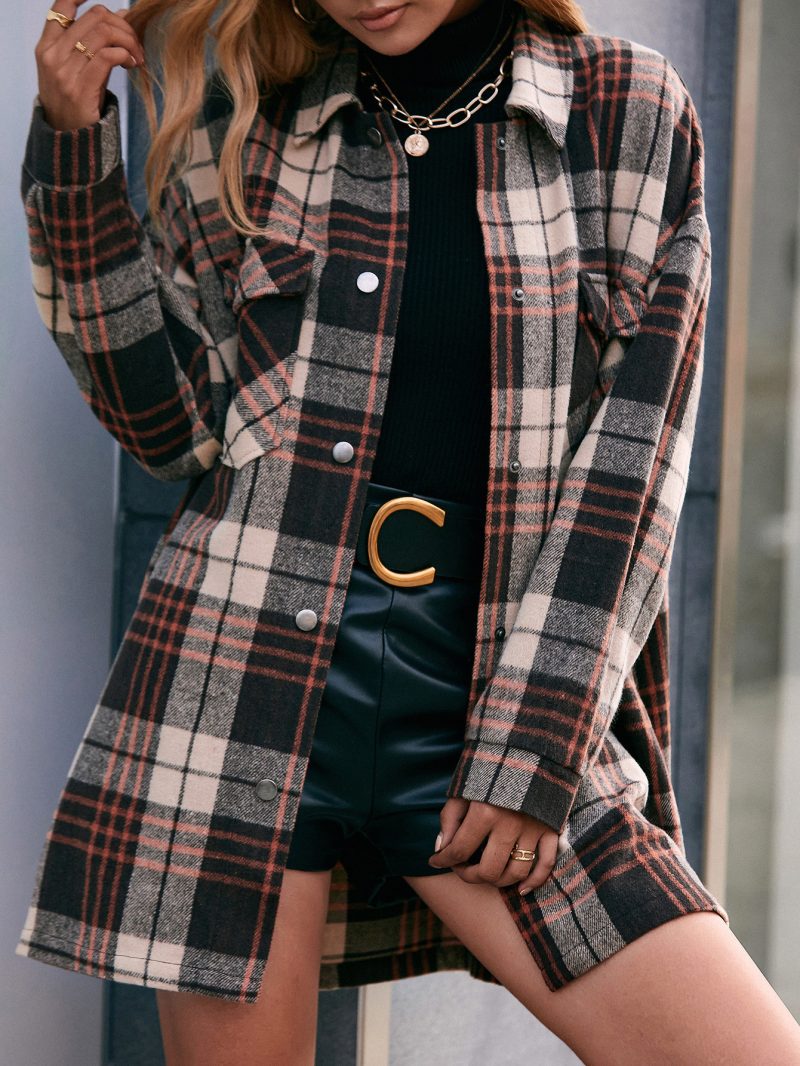 Casual Plaid Single-Breasted Collared Mid-Length Trench Coat Shacket - Image 2