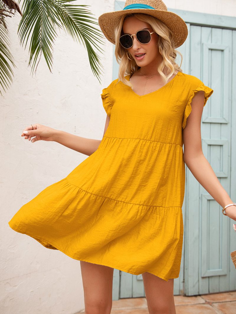 Summer Loose V-Neck Wooden Ear Sleeve Dress for Women - Image 2
