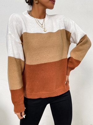 Casual Loose Color Matching Long Sleeve Pullover for Women