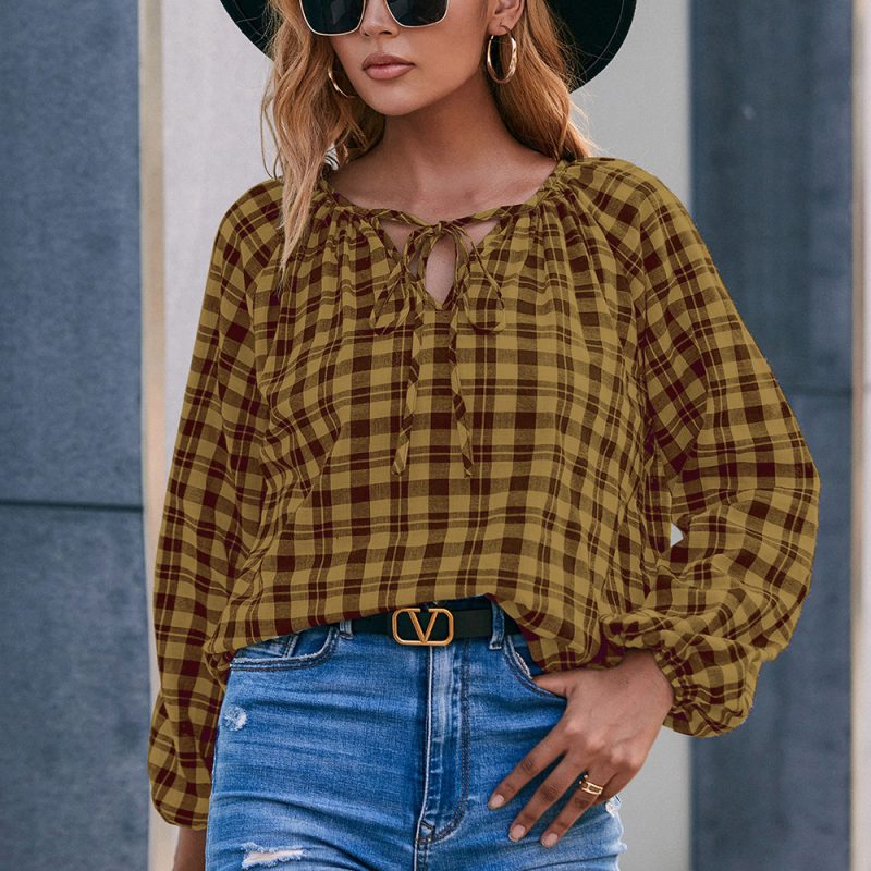 Casual Long-Sleeved V-Neck Plaid Overshirt for Women - Image 2
