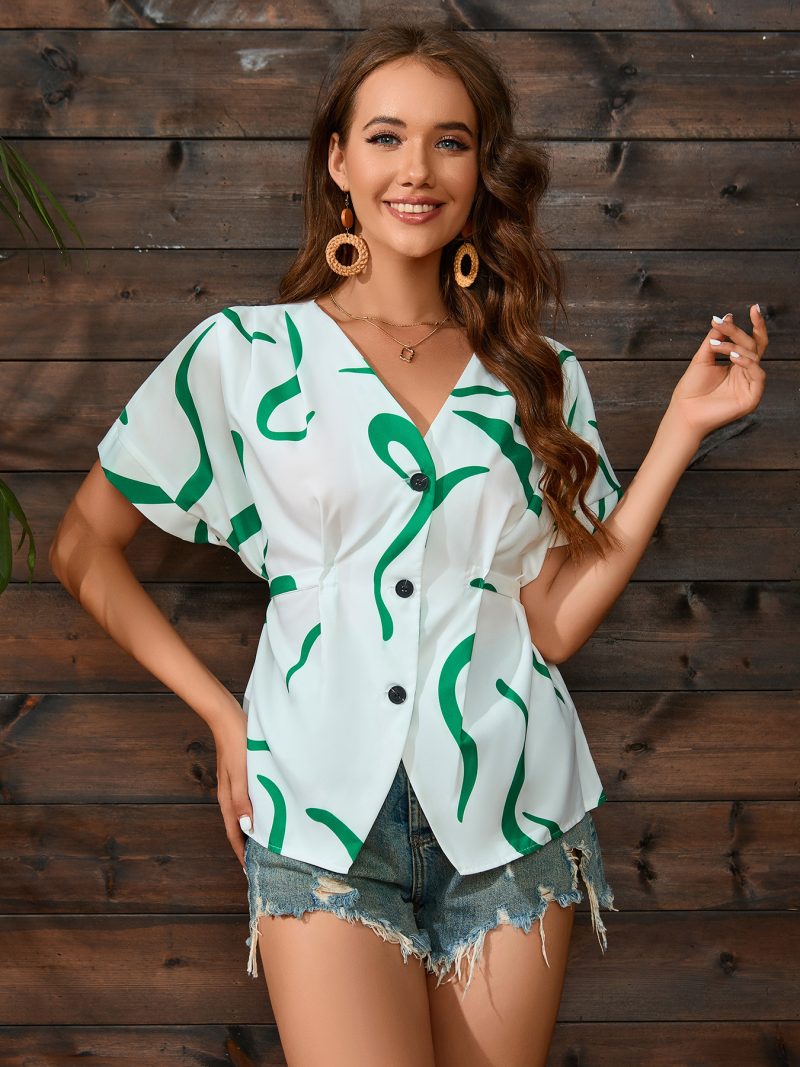 V Neck Short Sleeve Shirt Batwing Sleeve Single-Breasted Cardigan - Image 4