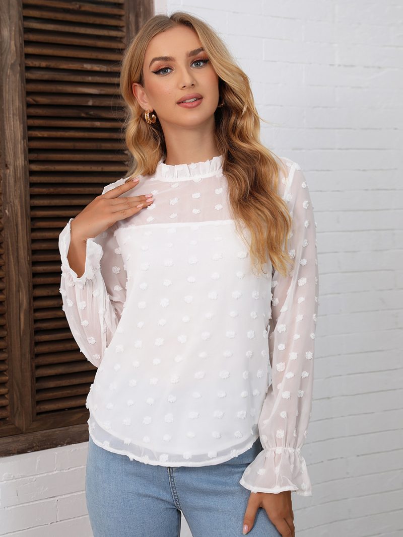 White Polka Dot Mesh Flared Top - Image 2