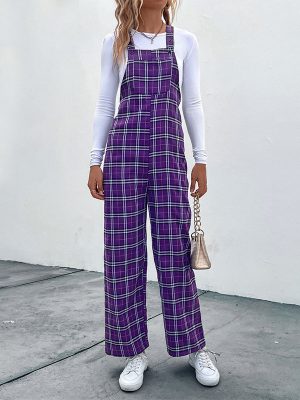 Plaid Spaghetti Straps Women’s Casual Jumpsuit with Pants