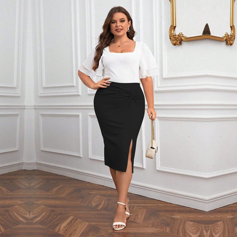 Elastic High Waist Slit Sheath Office Skirt for Plus Size Women - Image 3