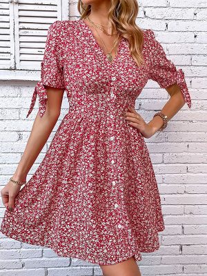 V-Neck Printed Short Split Dress for Effortless Summer Style