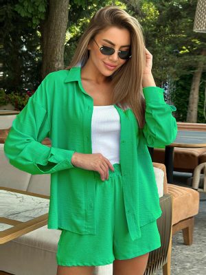 Spring Autumn Women’s Long-Sleeved Shirt and Shorts Set