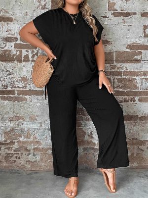 Plus Size Round Neck Loose Casual Short Sleeve T-Shirt & Wide Leg Pants Set